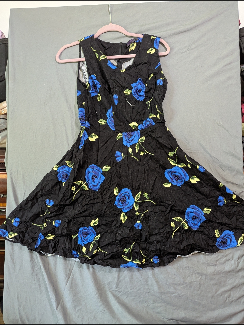 Black Floral Fit-and-Flare Dress with Blue Roses Vintage Pinup Style